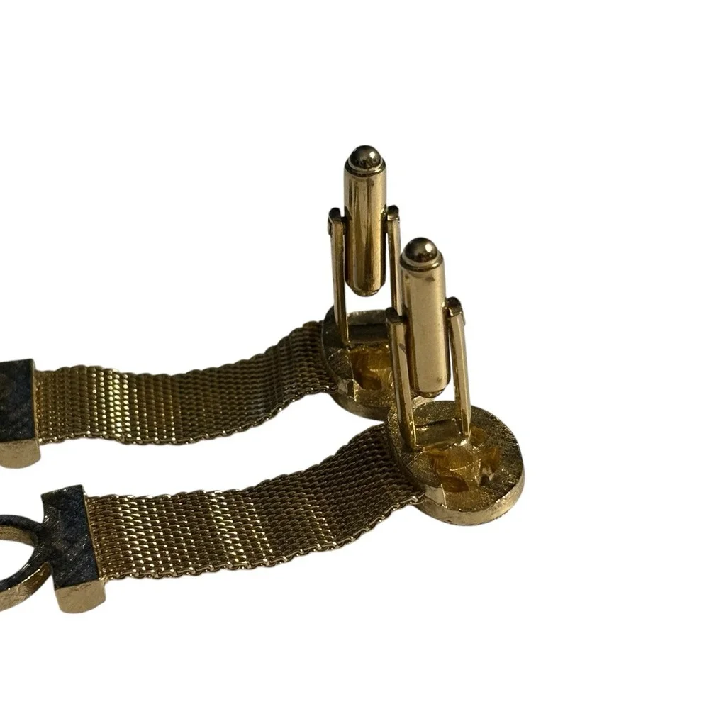 Dante Tiger's Eye Wrap Around‎ Mesh Cufflinks Brown Stone Gold Tone Vintage Oval